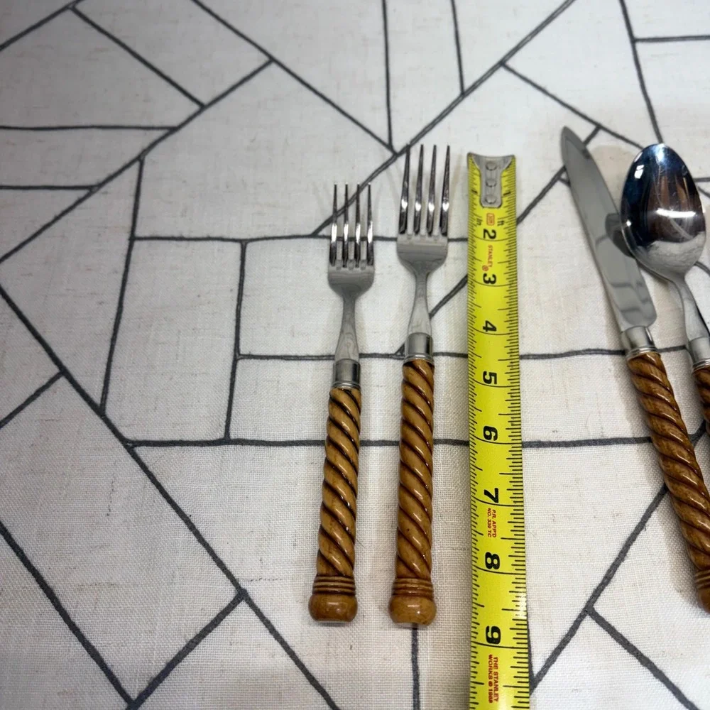 Flatware Set 20pc Brown Faux Wood Rope Twist Handle Stainless Service 4 no Brand